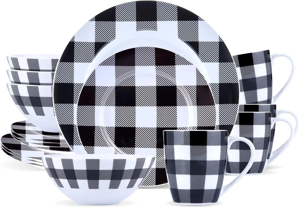 Dishwasher Safe Plaid Dinnerware Set with Mugs for Everyday Use