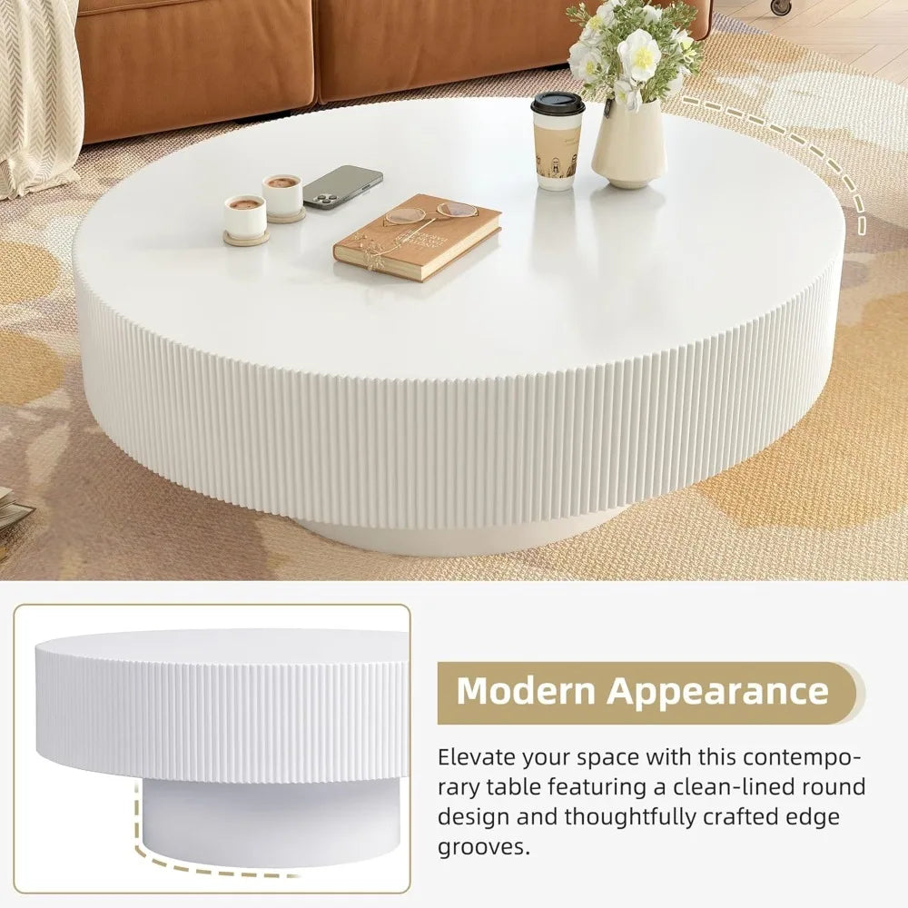 31.5 Inch Round Drum Coffee Table, Modern Handcraft Fluted Drum Coffee Table, Wooden Round Coffee Table Center Table Cocktail Ta