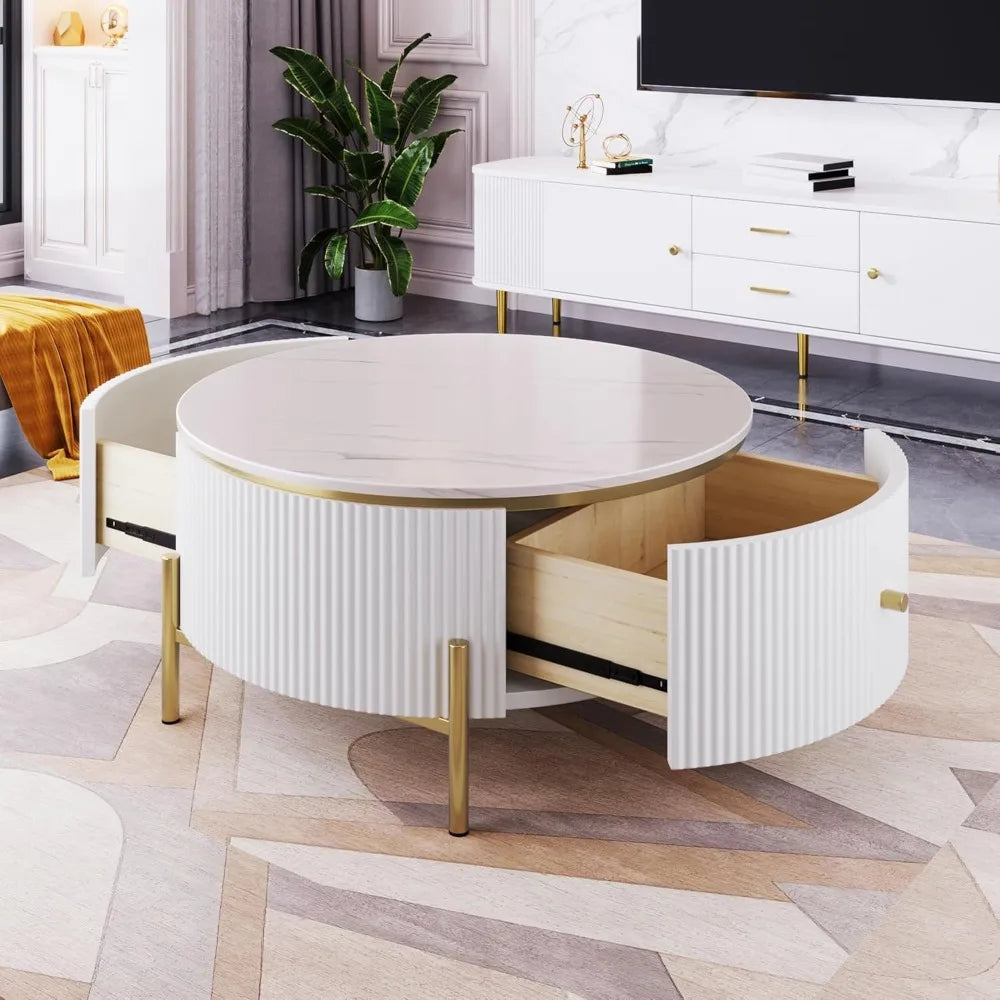 Contemporary Round Marble Pattern Coffee Table With 2 Storage Drawers