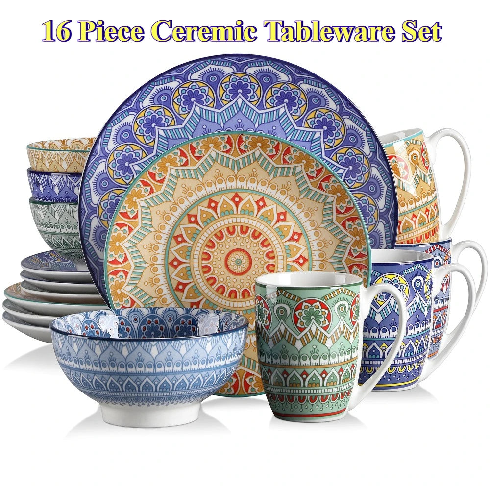 MALACASA Bohemian Mandala Porcelain Sixteen Piece Dinnerware Set