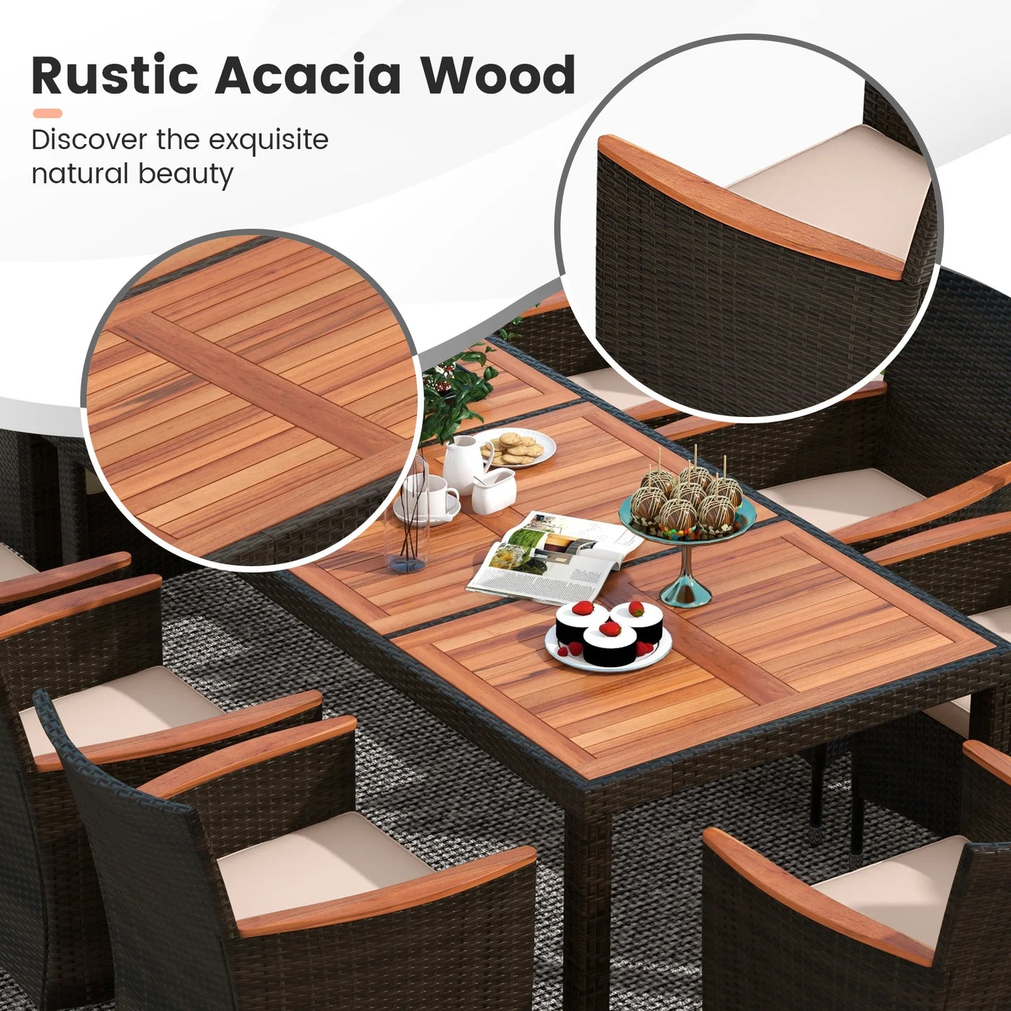 HOMASIS Weather-Resistant 9-Piece Patio Wicker Dining Set With AcaciaWoodTable Cushions