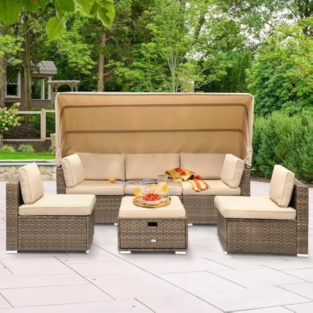 Filling Outdoor Wicker Daybed Set With Canopy And Cushions