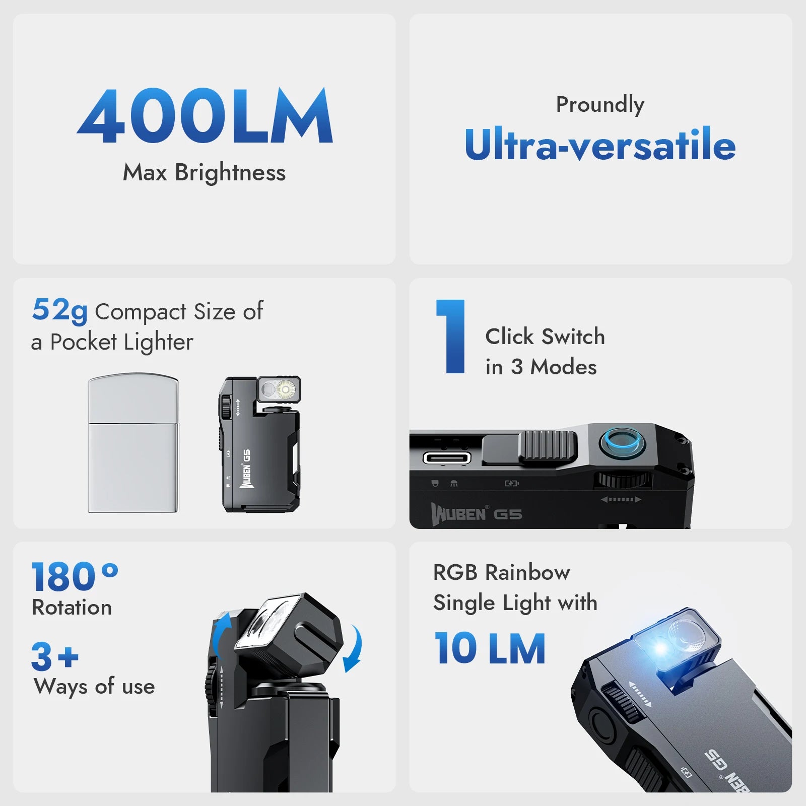 WUBEN G5 Rechargeable EDC Flashlight Dual Light RGB