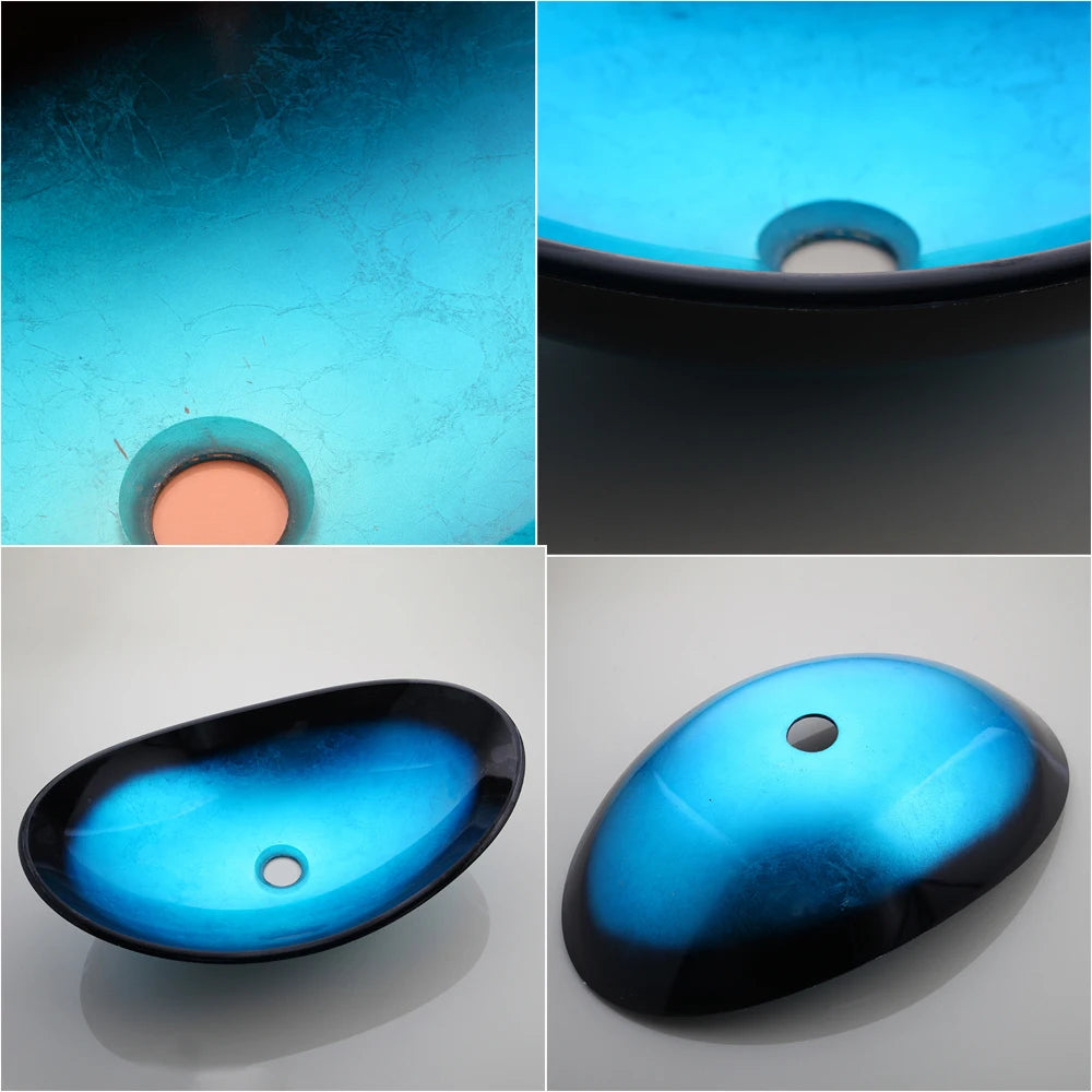 KEMAIDI Bathroom Sink Tempered Glass Washbasin Vessel Sink with Black Waterfall Faucet Bathroom Countertop Basin Sinks