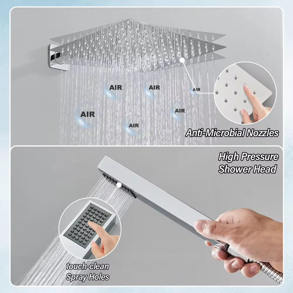 Rozin Chrome Rainfall Shower Faucet Set Wall Mounted Dual-Control