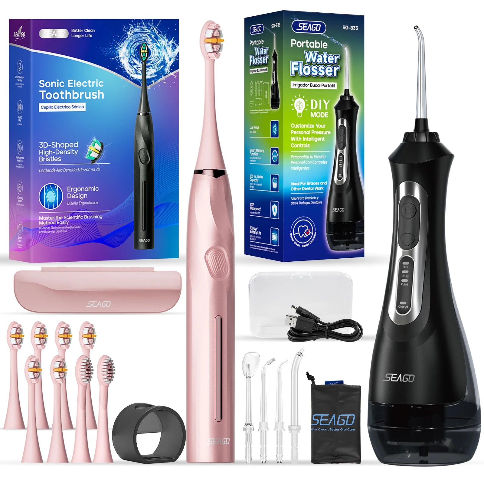 Seago Electric Toothbrush And Water Flosser Rechargeable 8 Bristle Heads