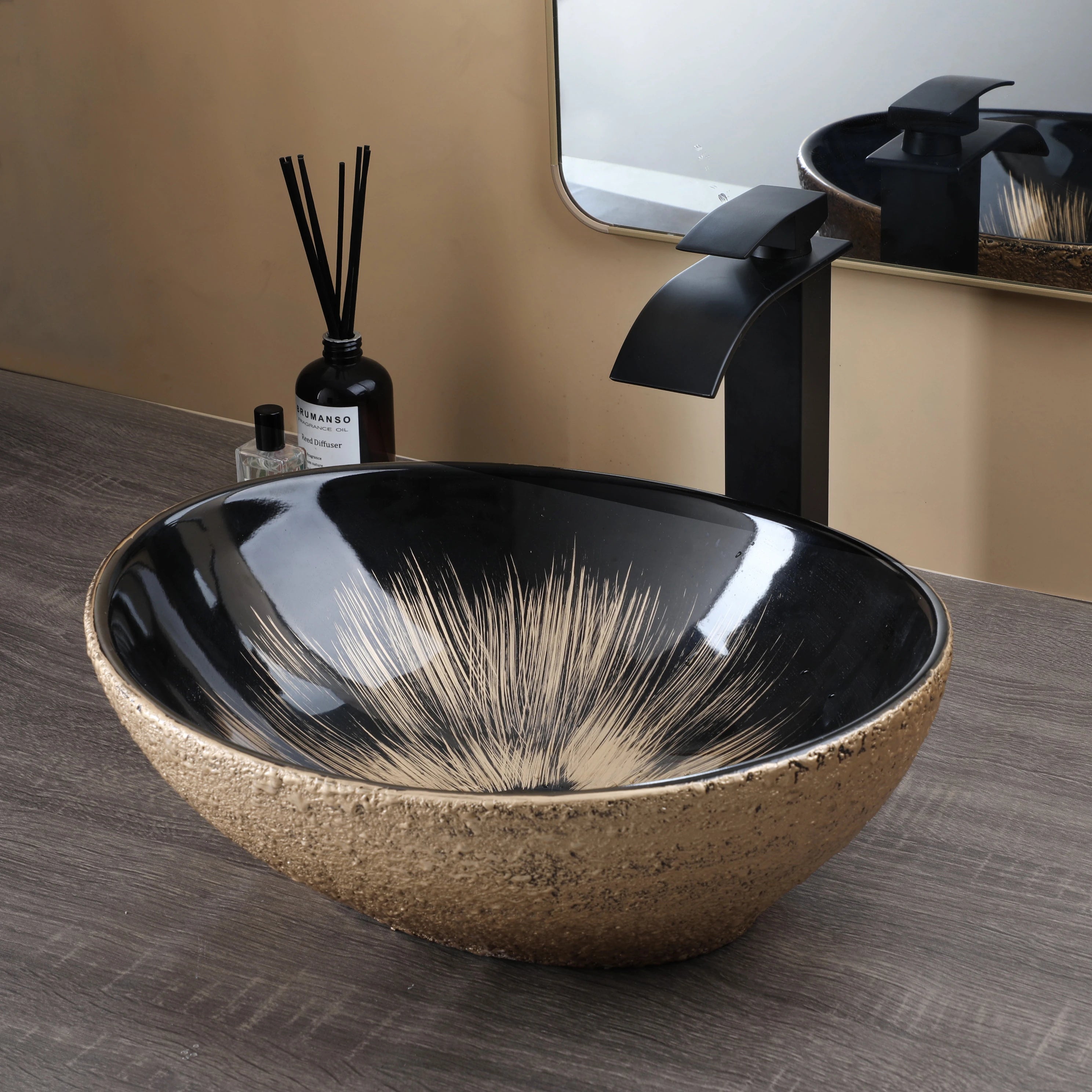 KEMAIDI Oval Vessel Sink with Faucet White Marbling Bathroom Vessel Sinks Above Counter  Ceramic Vessel Sinks for Bathroom Mixer