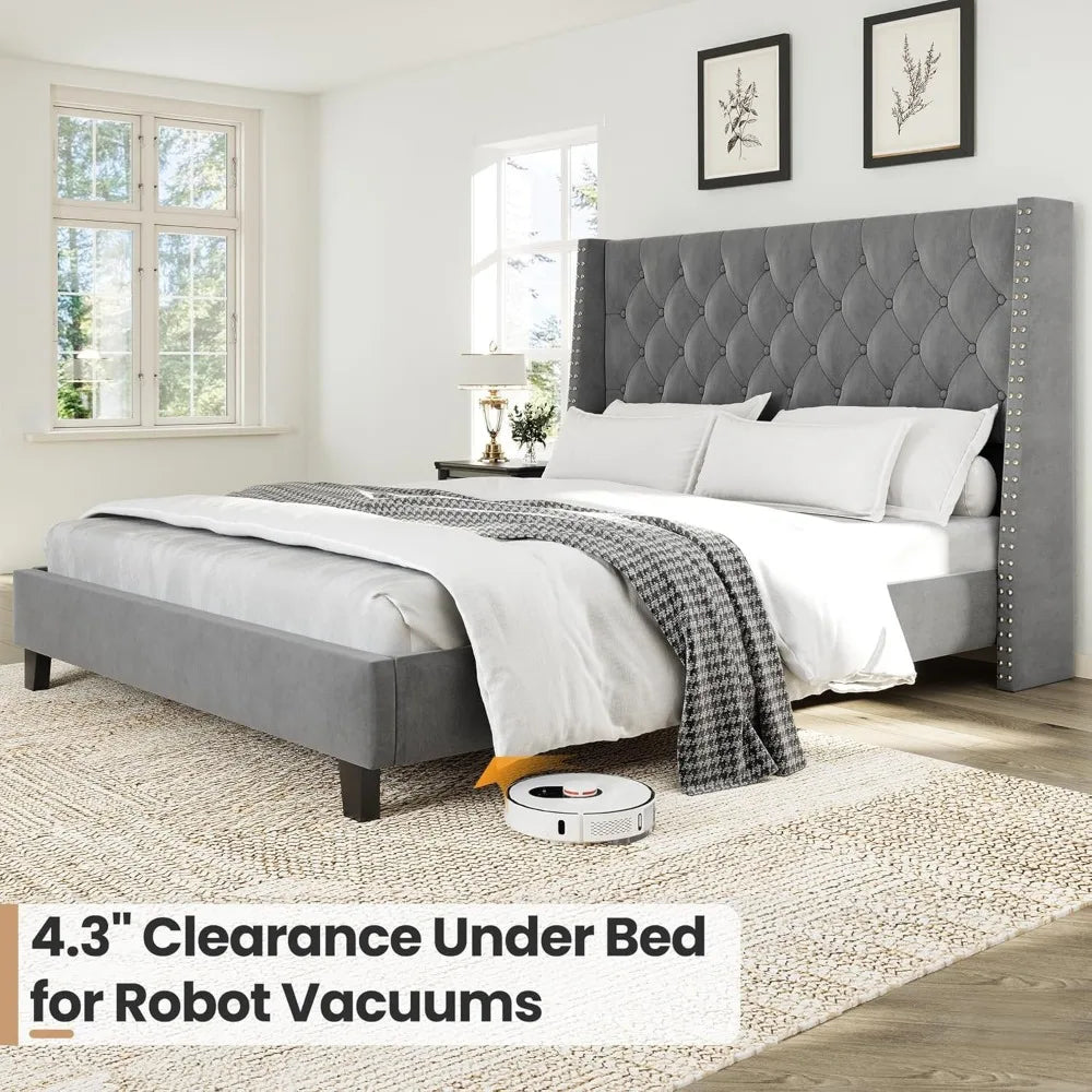 ANGDUO Velvet Wingback Platform Bed Frame With Slats