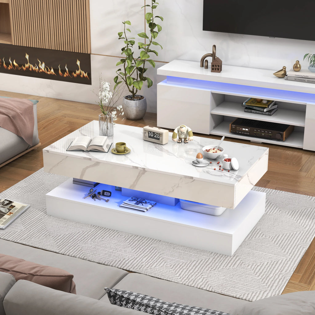QiaoShiRen Modern Coffee Table With LED Lights Double Layer Storage Drawers