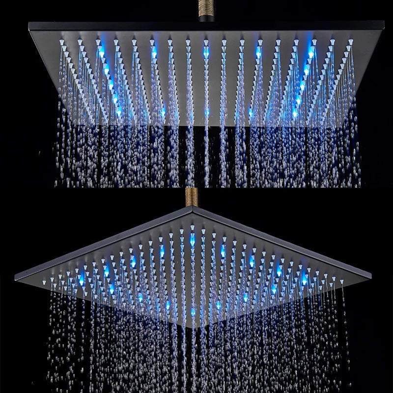 Rainfall Shower Head LED Light 12/16" Large Brass Rainfall Shower Faucet Head Square Shape/Color Changed