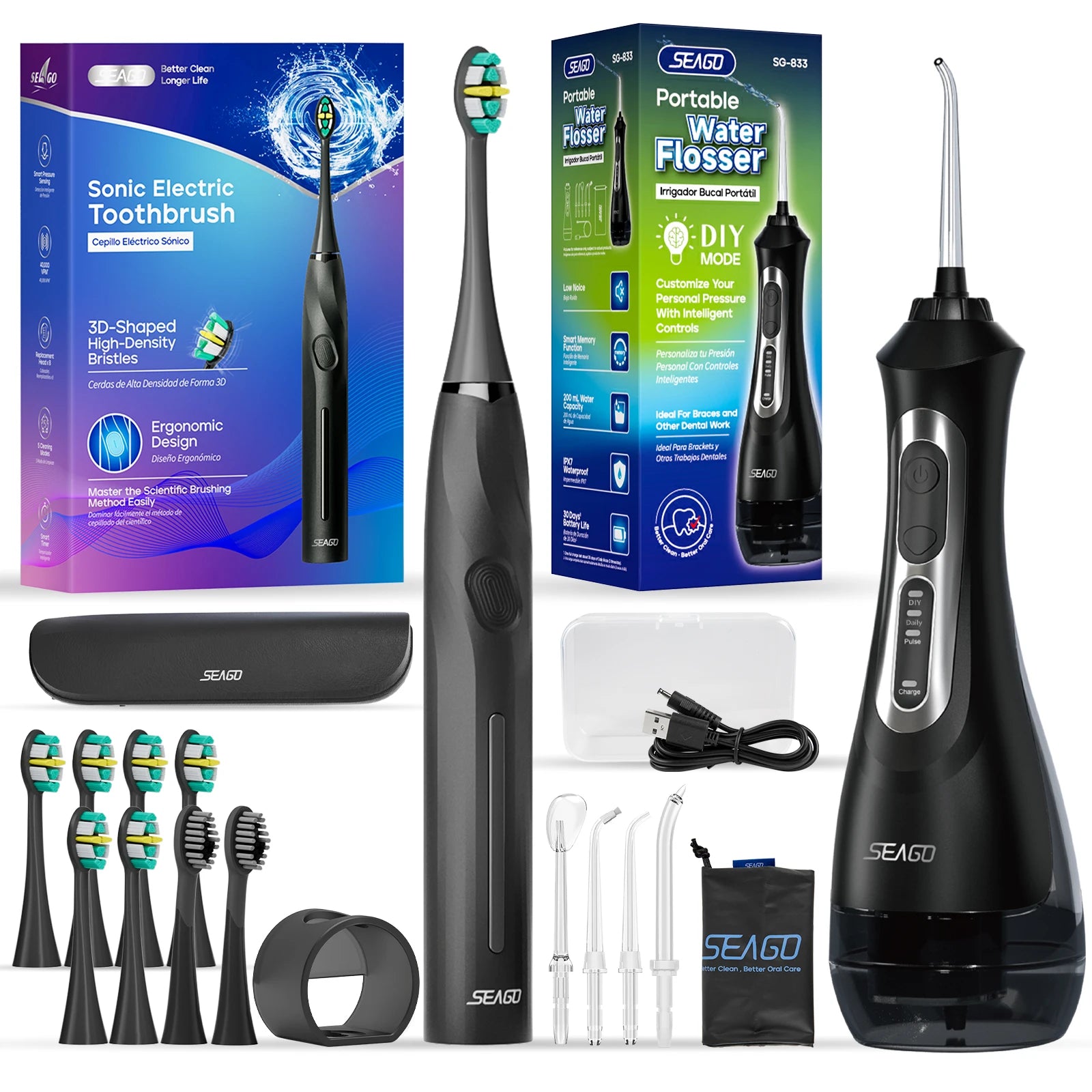 Seago Electric Toothbrush And Water Flosser Rechargeable 8 Bristle Heads