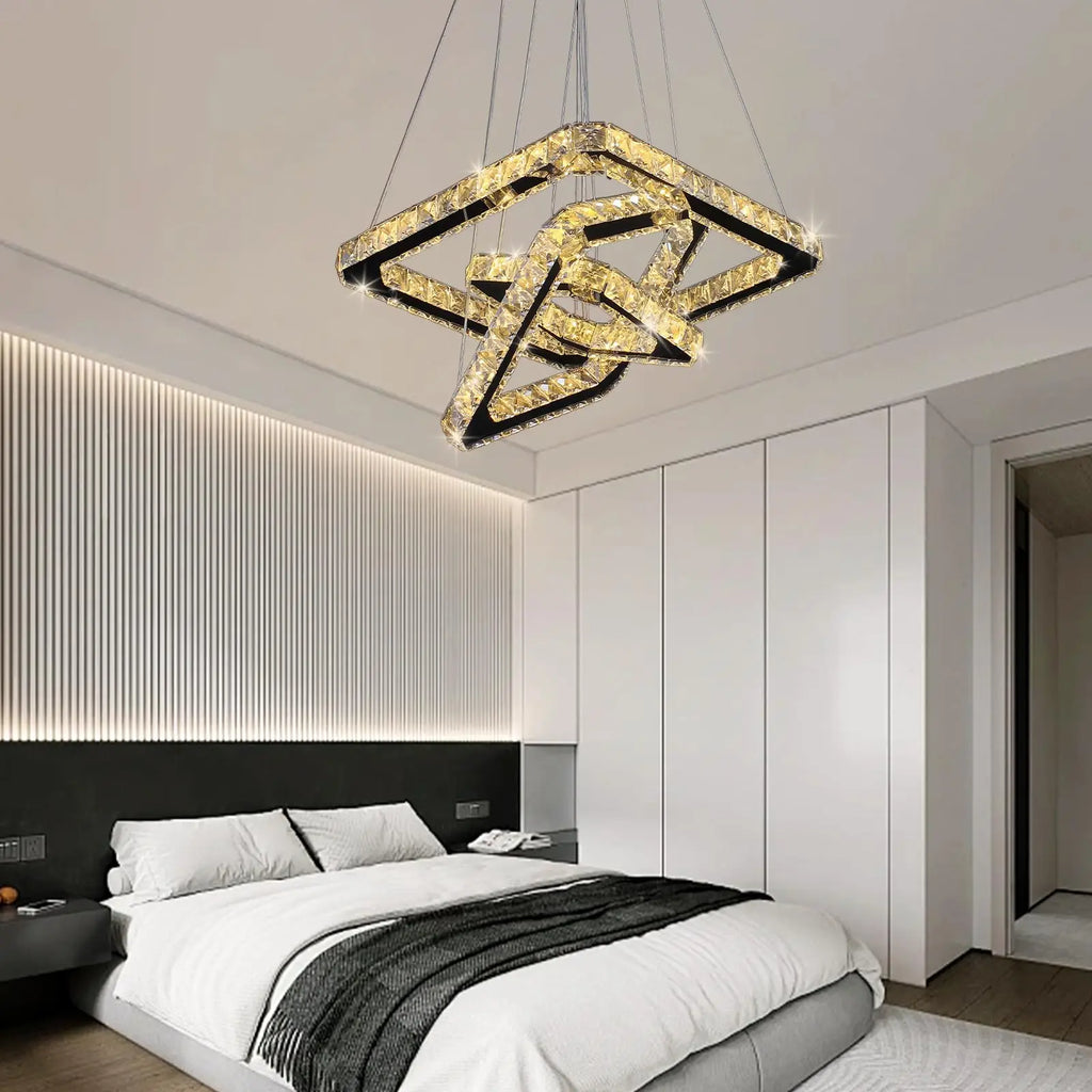 Finktonglan Three Square Rings LED Crystal Pendant Light Dimmable Chandelier