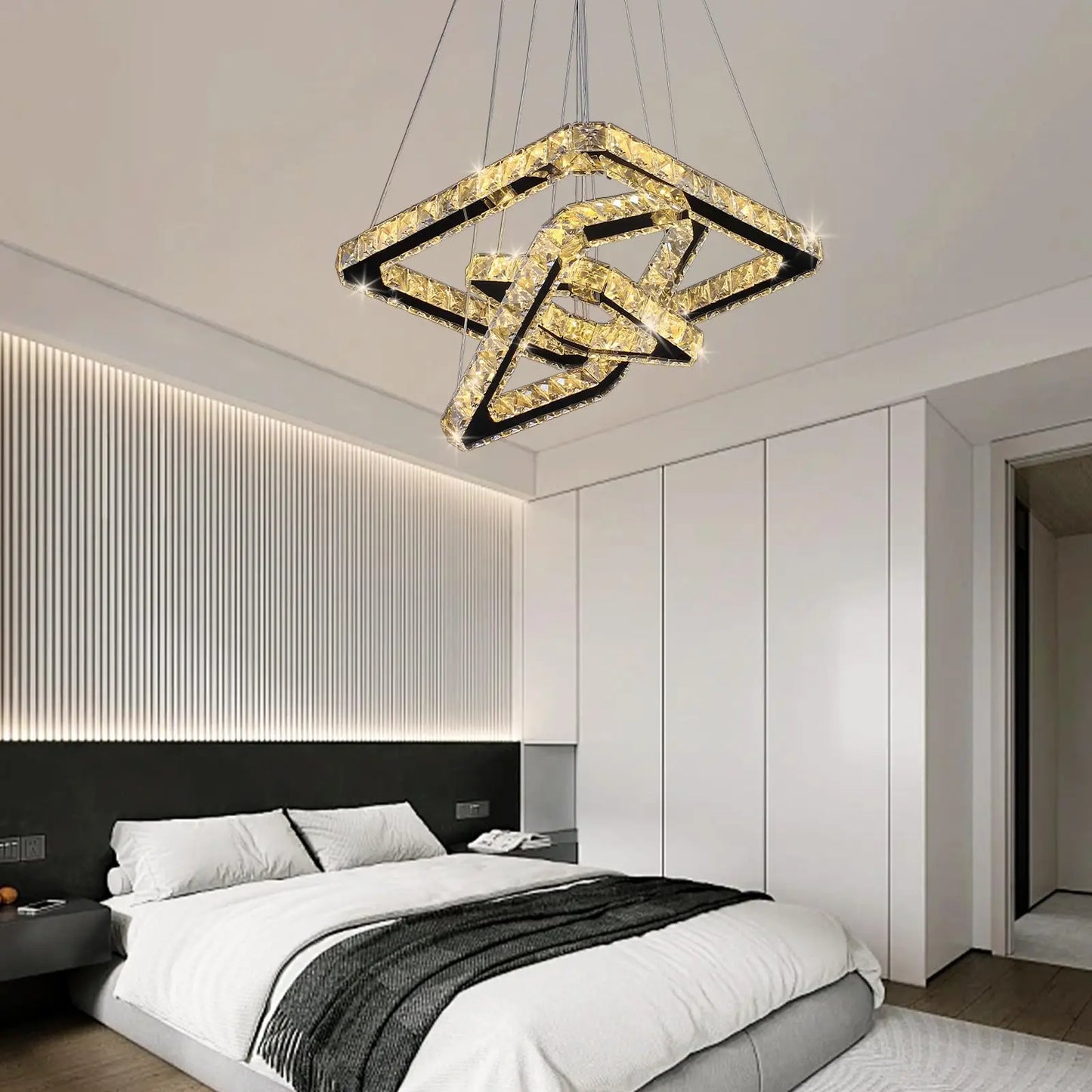 Finktonglan Three Square Rings LED Crystal Pendant Light Dimmable Chandelier