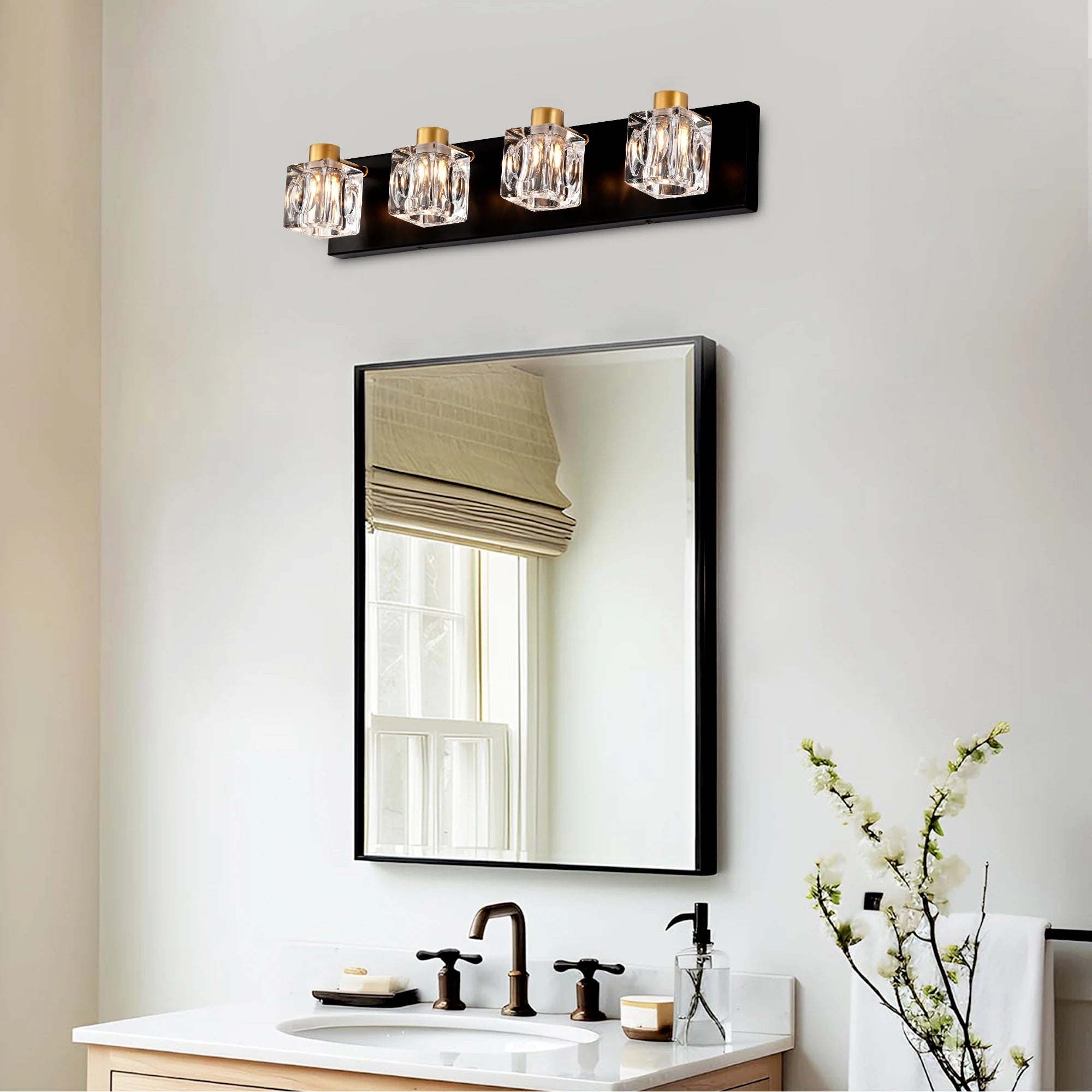 4-Light Matte Black + Gold Bathroom Light Fixtures, Modern Vanity Lights with Crystal Glass Shade, Vintage Light Fixture Bathroo