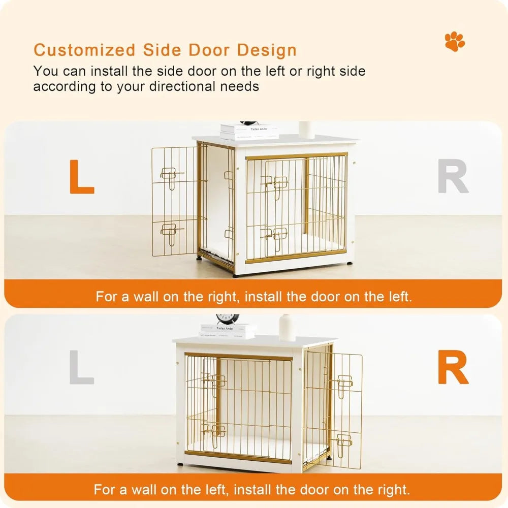 Wooden Dog Crate Furniture With Cushion, Double Doors Kennel Table