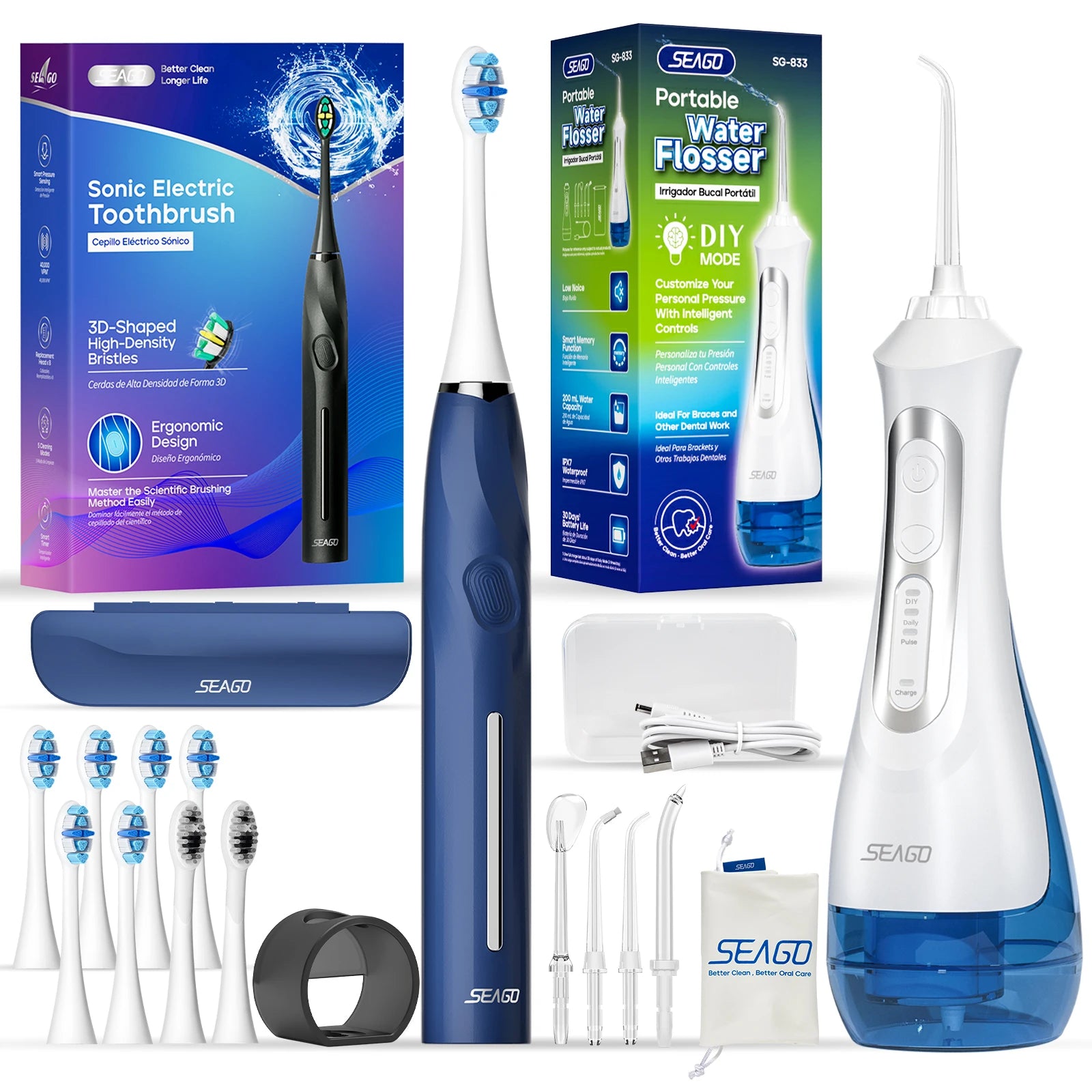 Seago Electric Toothbrush And Water Flosser Rechargeable 8 Bristle Heads