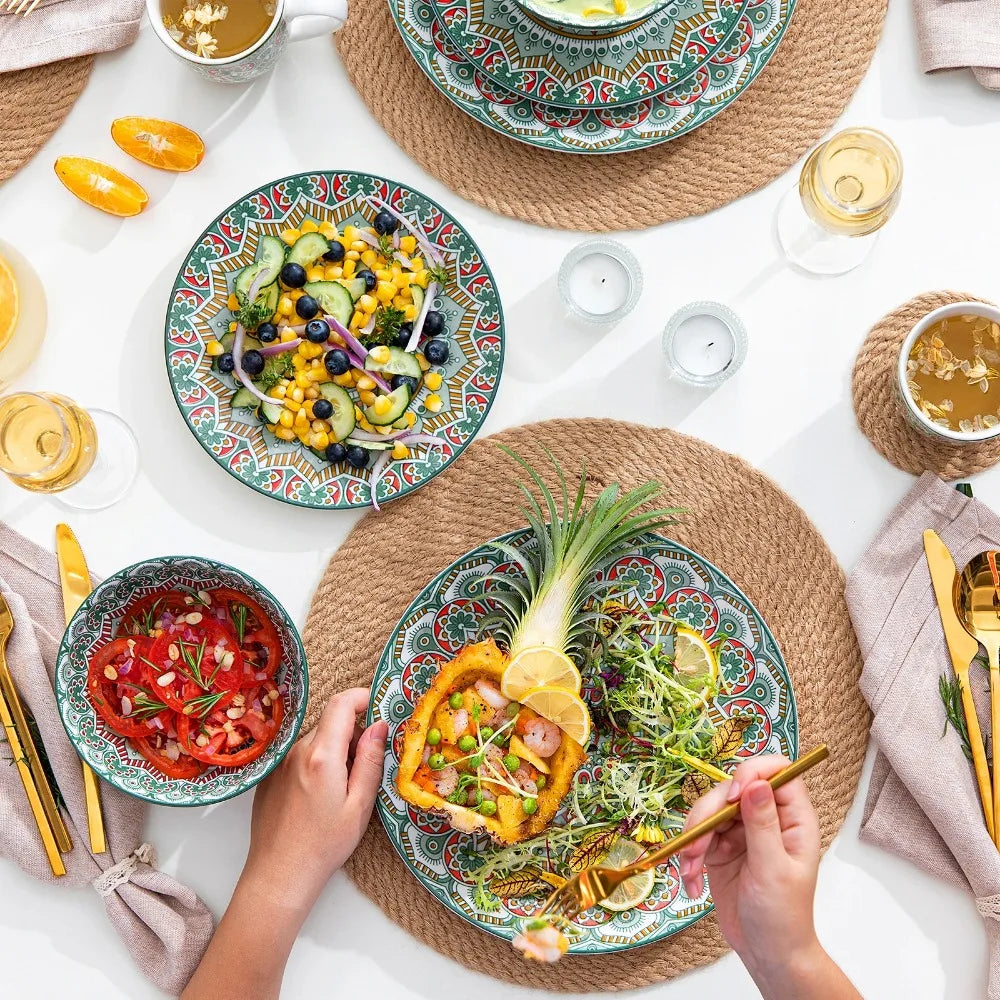 MALACASA Bohemian Mandala Porcelain Sixteen Piece Dinnerware Set