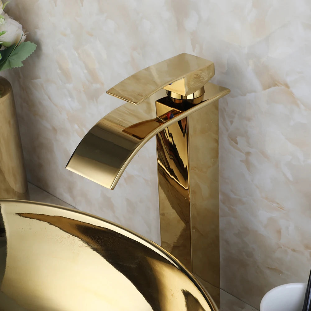 OUBONI Gold Ceramic Luxury Bathroom Vessel Sink Set  Bowl Washbasin Waterfall Brass Faucet Pop Up Drain Combo High-End Basin Kit