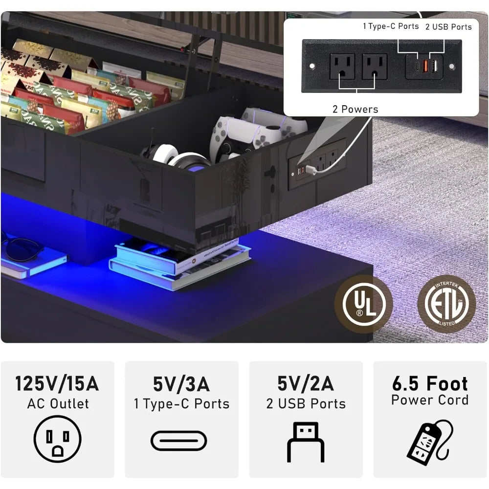 47.2" Large Lift Top Coffee Table,Modern High Glossy LED Coffee Tables for Living Room with Storage,Black Living Room Tables for