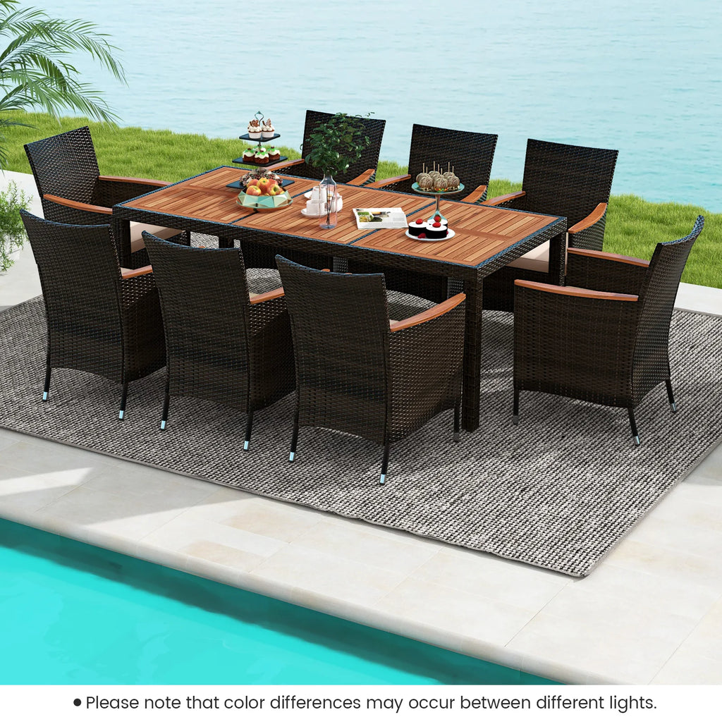 HOMASIS Weather-Resistant 9-Piece Patio Wicker Dining Set With AcaciaWoodTable Cushions