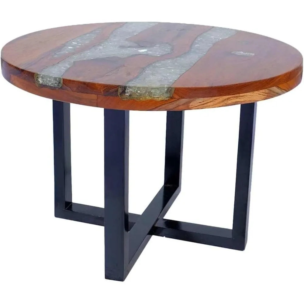 Teak Mango Wood Round Coffee Table With Resin Inlay