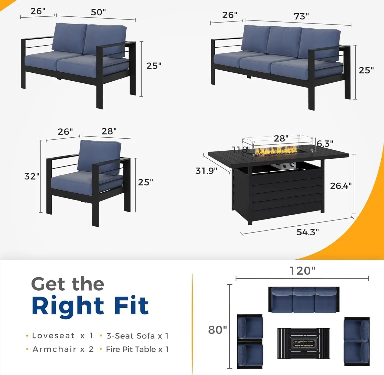 XMSJ Aluminum Patio Furniture Set 7 Seats With Fire Pit