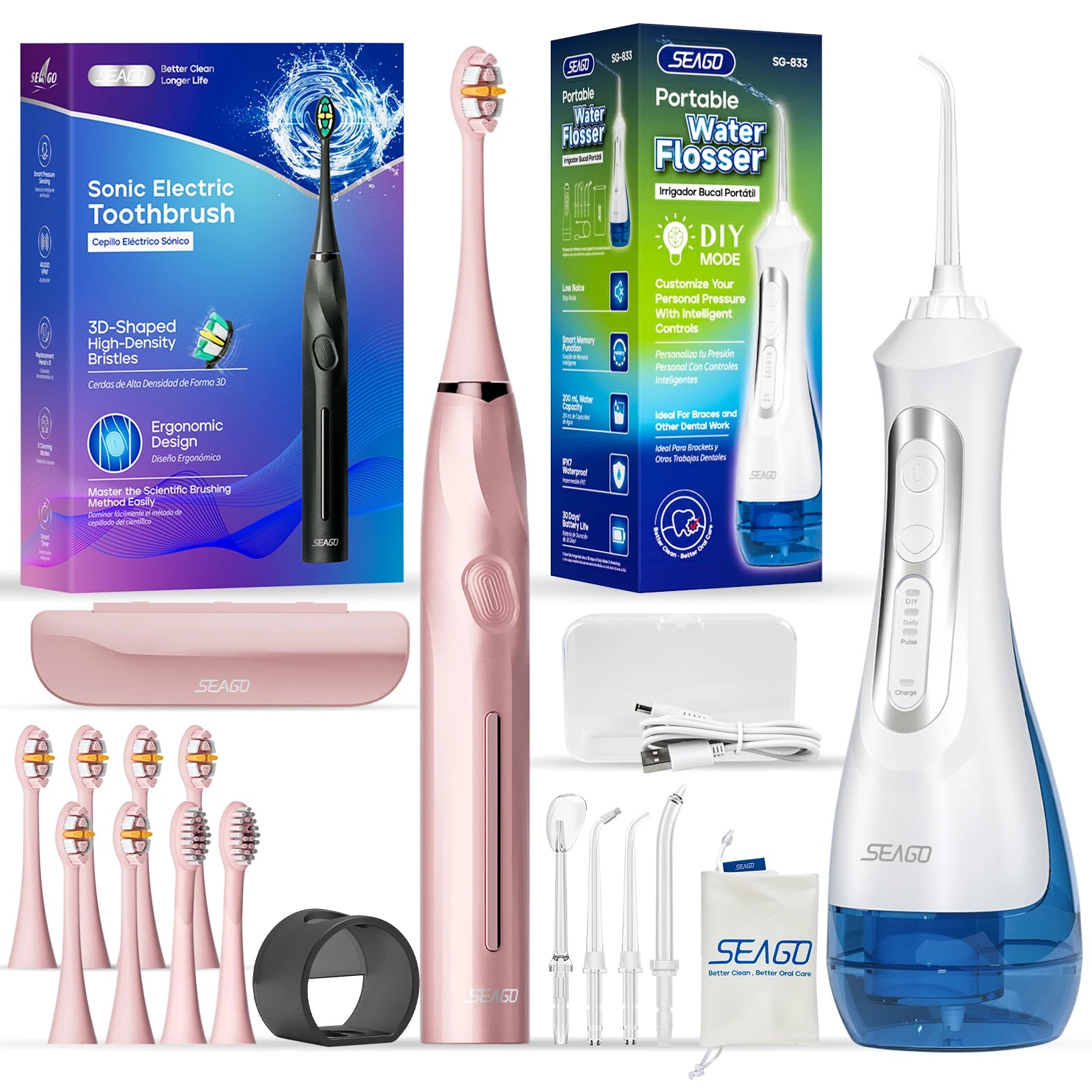 Seago Electric Toothbrush And Water Flosser Rechargeable 8 Bristle Heads