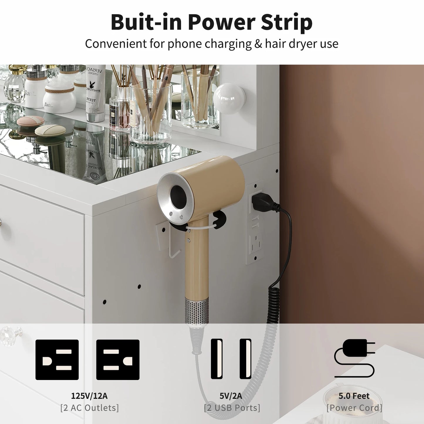 General Use Bedroom Vanity Desk With LED Mirror Drawers