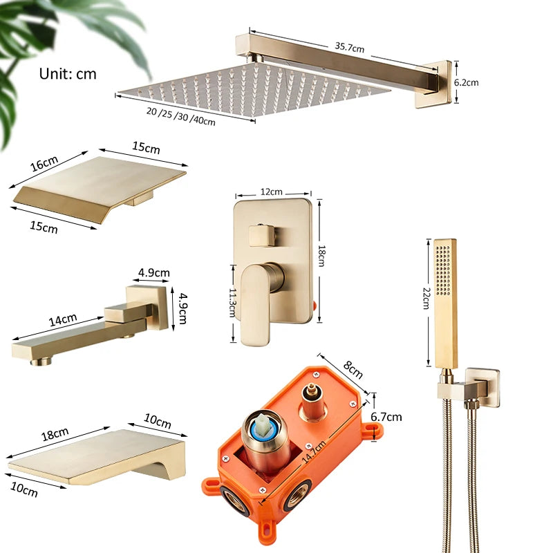 Brushed Gold Concealed Shower System Bathroom Rain Shower System Shower Mixer Tap Rainfall Shower Faucet