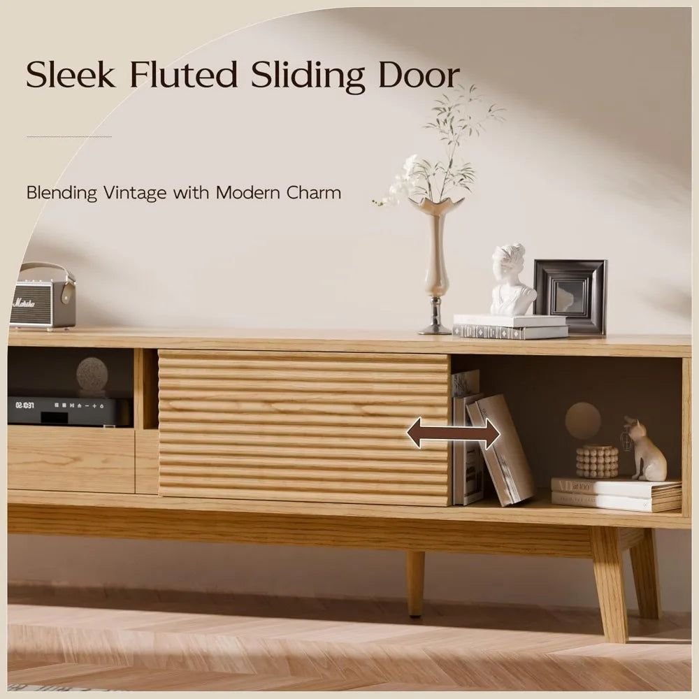 HUANZHUANG Mid Century Modern TV Console With Fluted Sliding Doors