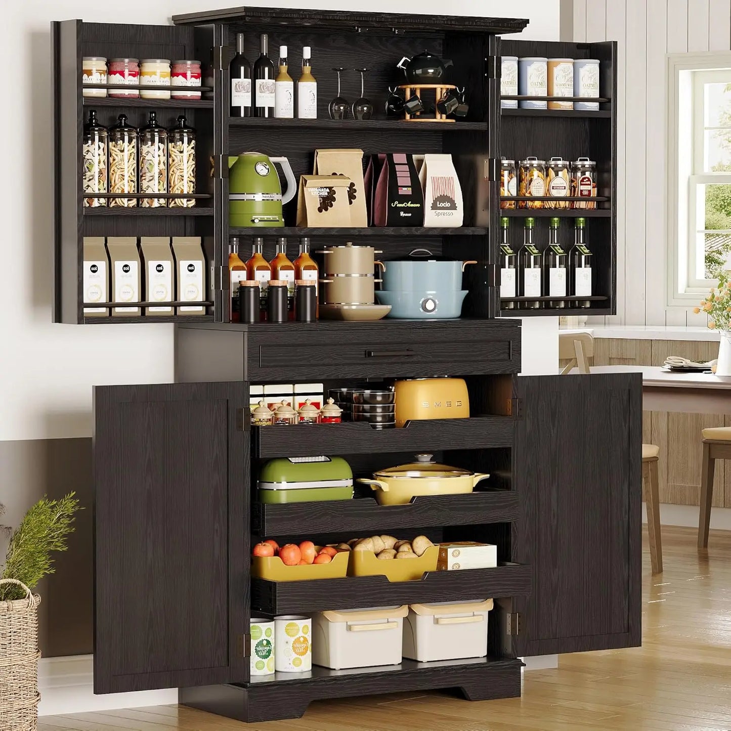 Farmhouse Kitchen Pantry Cabinet, 72" Height Tall Freestanding Cupboard with Sliding Storage Rack and 6 Hanging Shelves·Hot Sale