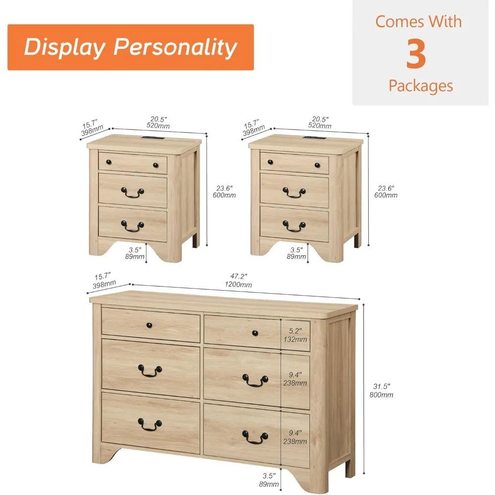 MKDK Farmhouse Dresser And Nightstand Set 3 Piece Bedroom Storage