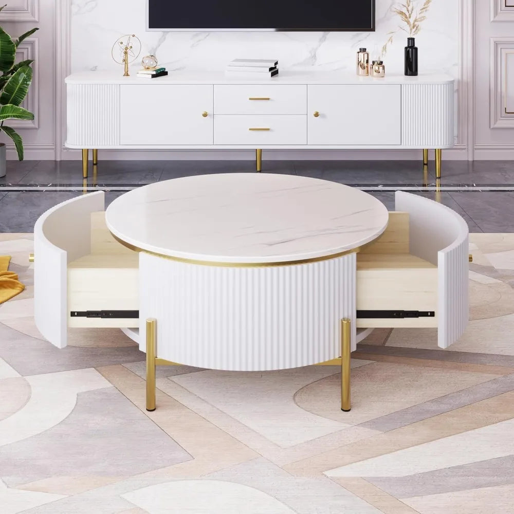 Contemporary Round Marble Pattern Coffee Table With 2 Storage Drawers