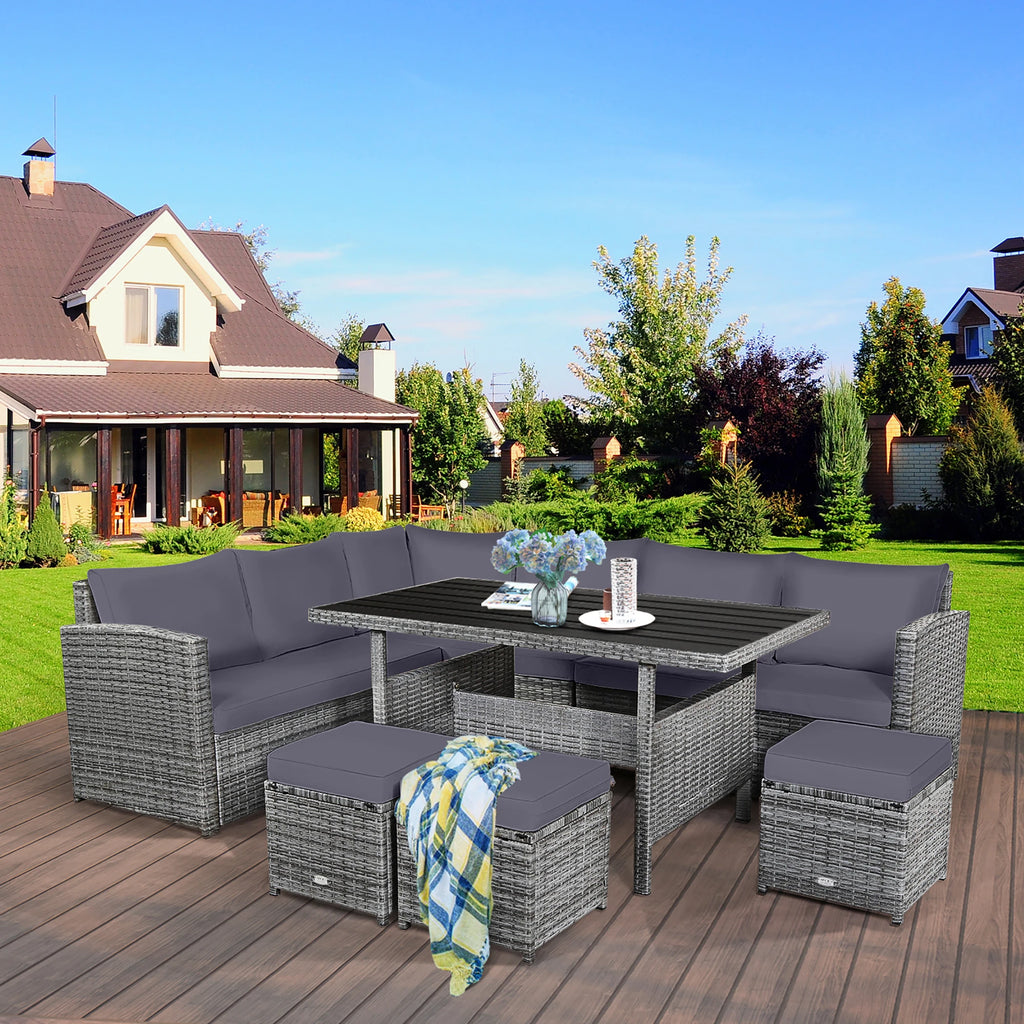 7 PCS Patio Rattan Dining Set Sectional Sofa Couch Ottoman Garden Grey