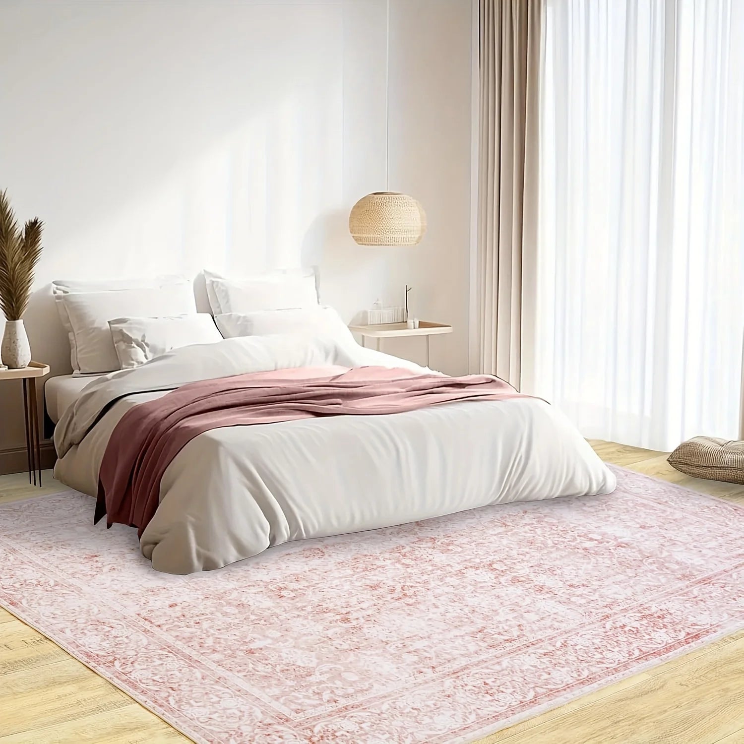 Gnizama pink floral full wall living room large area rug, washable vintage floral living room rug, bedroom large area rug