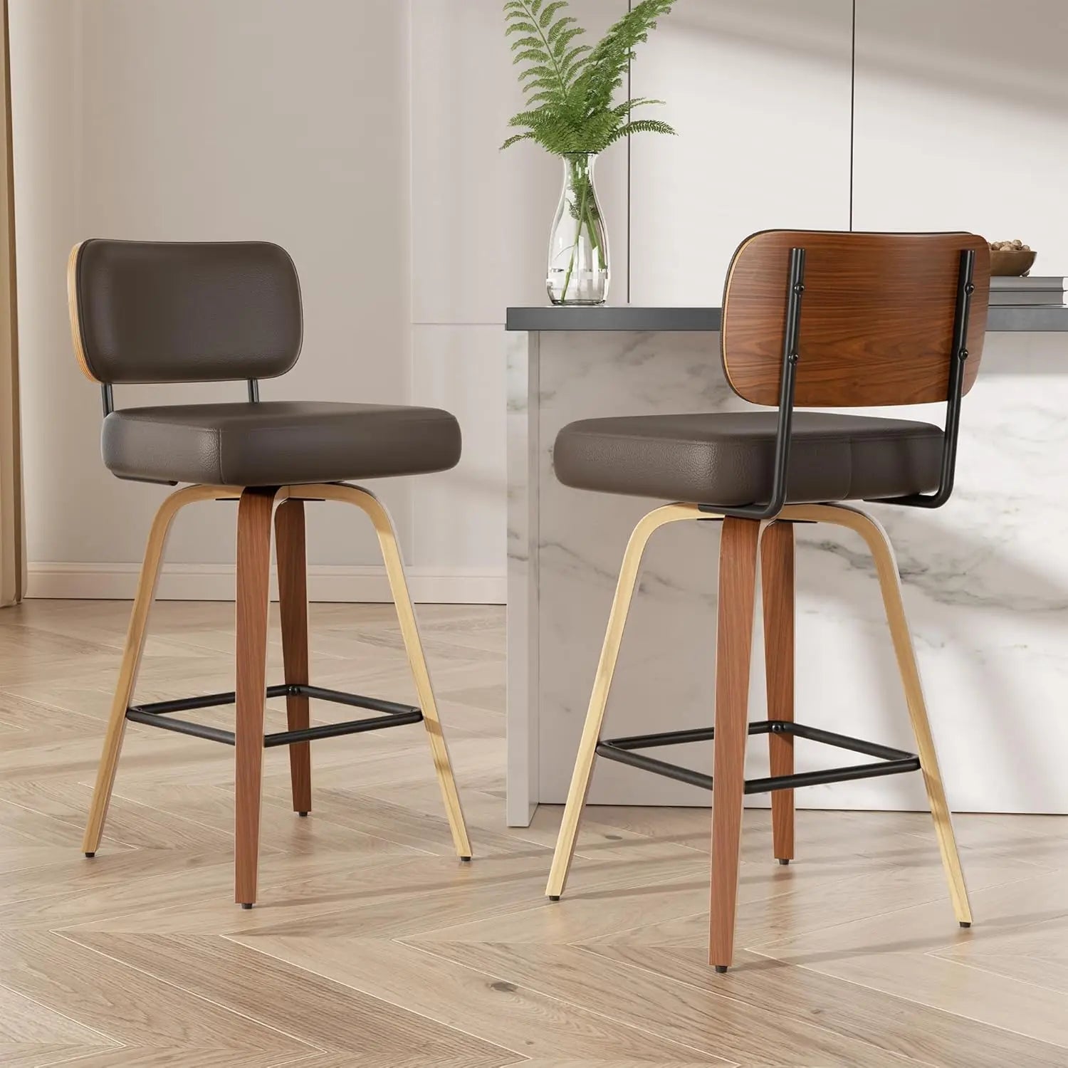 Tongyue Swivel Bar Stools Set 2 Upholstered Faux Leather
