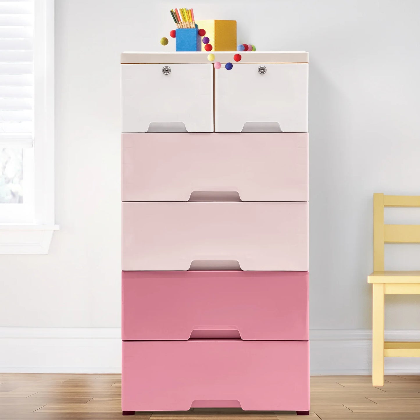 Gradient Pink Plastic Storage Cabinet W/ 6 Drawers - Dresser Organizer for Closet, Bedroom & Office - Modern PP Drawers Dresser