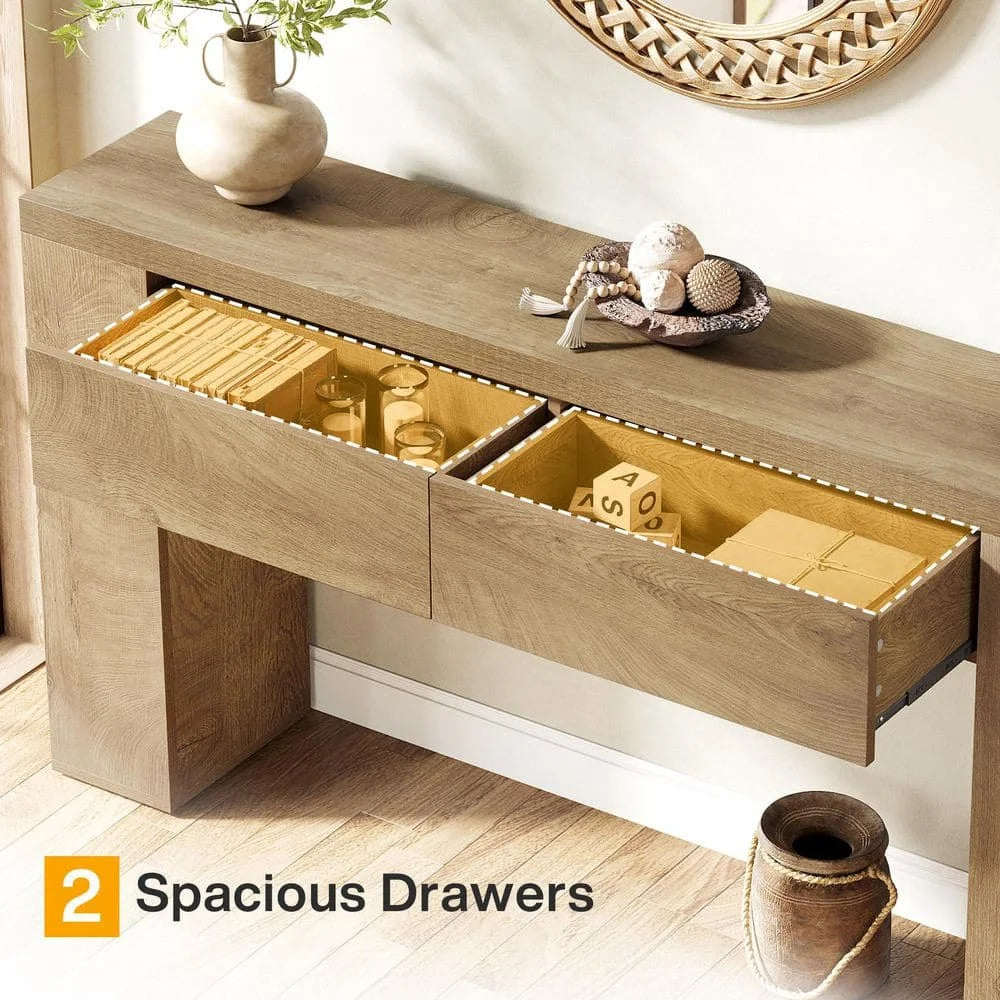 Wood Console Table With Two Drawers And Sturdy Pedestal