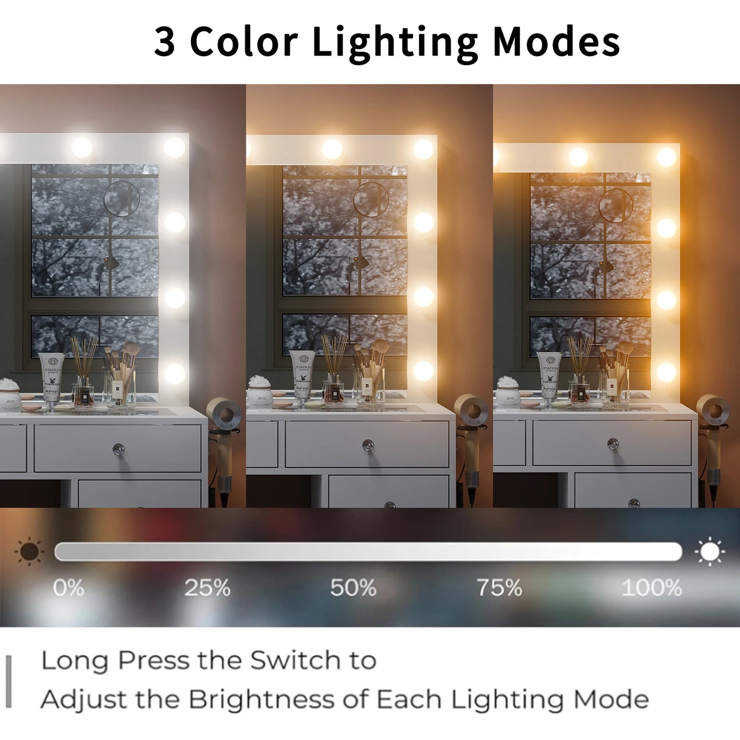 General Use Bedroom Vanity Desk With LED Mirror Drawers