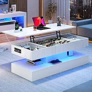 47.2" Large Lift Top Coffee Table,Modern High Glossy LED Coffee Tables for Living Room with Storage,Black Living Room Tables for