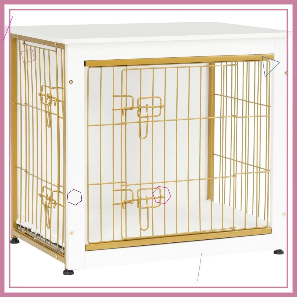 Wooden Dog Crate Furniture With Cushion, Double Doors Kennel Table