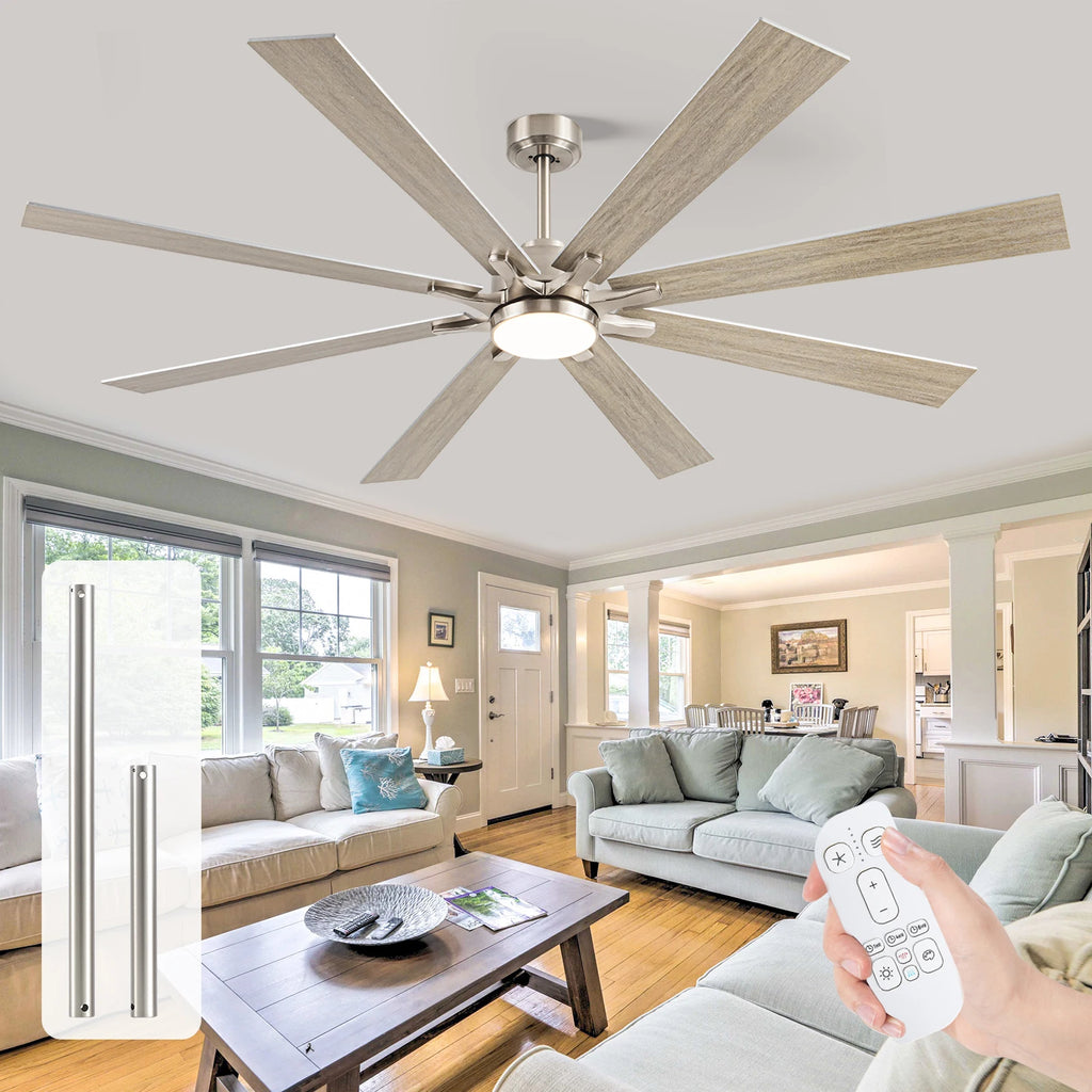 62/72-inch Industrial Ceiling Fan with Light 8 Blades Noiseless Reversible DC Motor High CFM Fan for Workshop Patios Bedroom