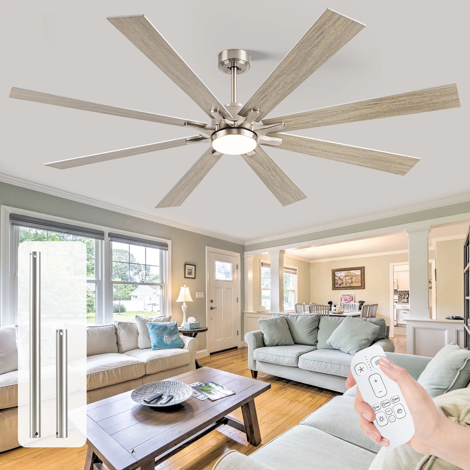 62/72-inch Industrial Ceiling Fan with Light 8 Blades Noiseless Reversible DC Motor High CFM Fan for Workshop Patios Bedroom