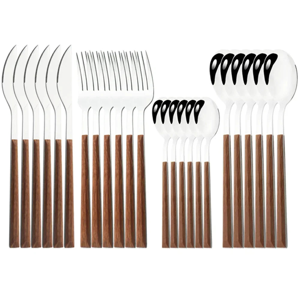 Pinkten 16/24/30Pcs Stainless Steel Imitation Wood Handle Cutlery Set