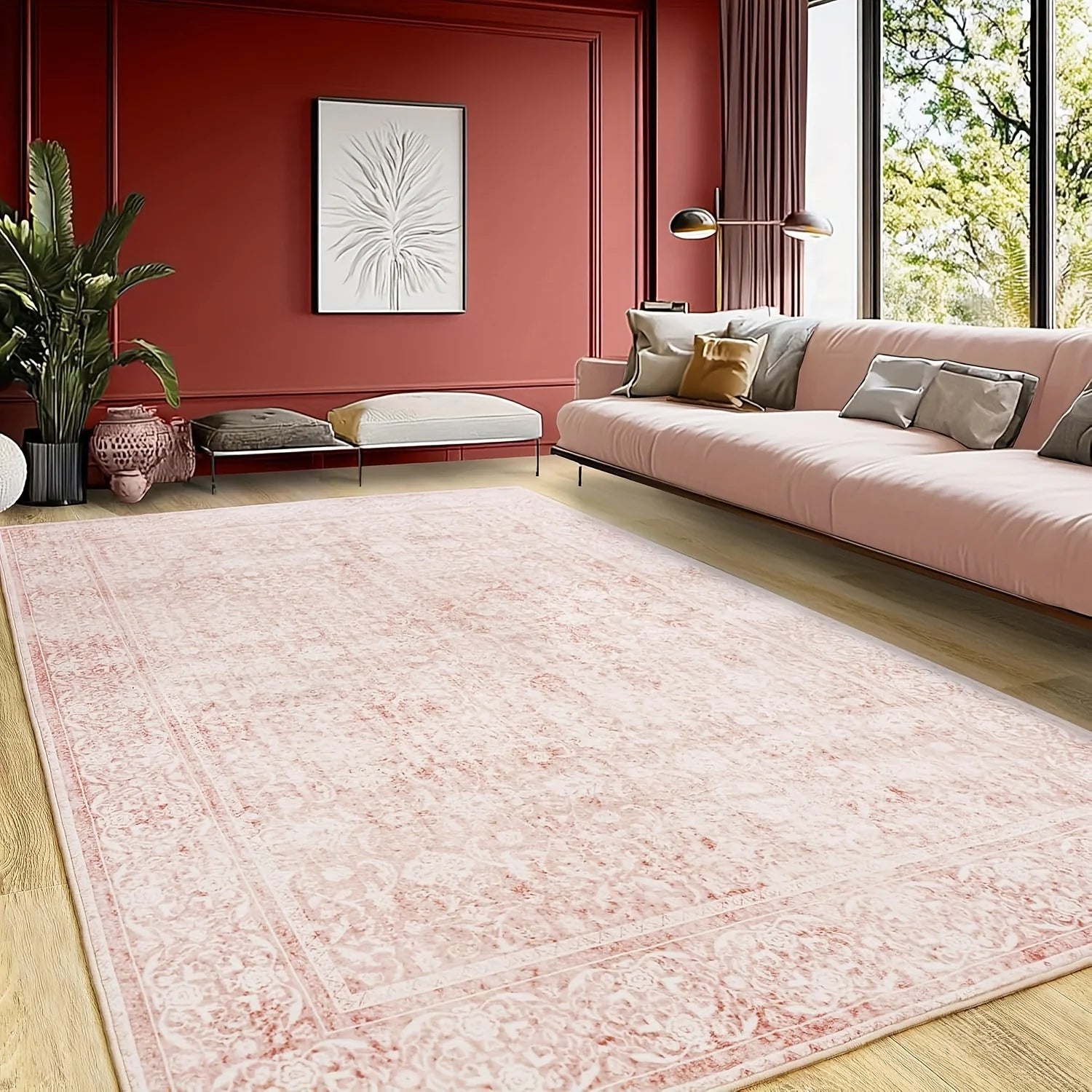 Gnizama pink floral full wall living room large area rug, washable vintage floral living room rug, bedroom large area rug