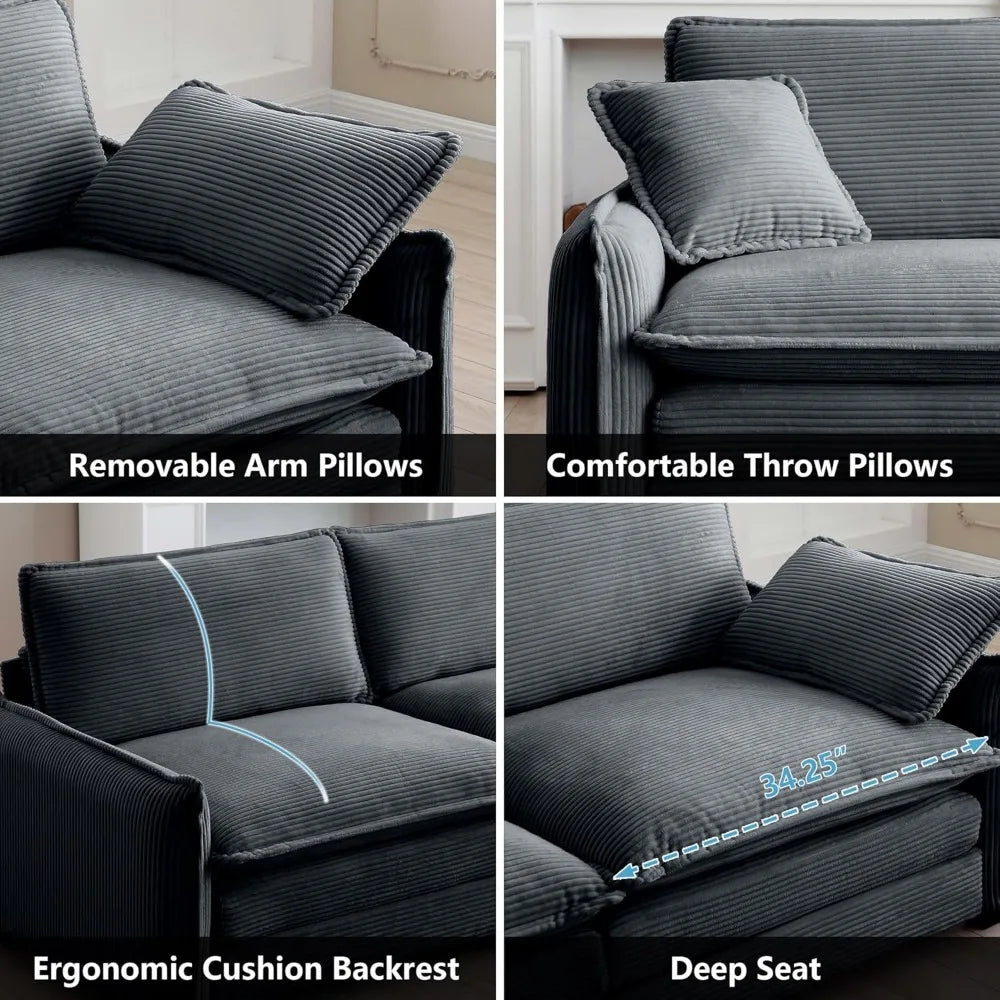 Modern Modular Sectional Sofa Corduroy Loveseat Sofa with Movable Ottoman,81” Comfy Cloud Deep Seat L-Shaped Couches with