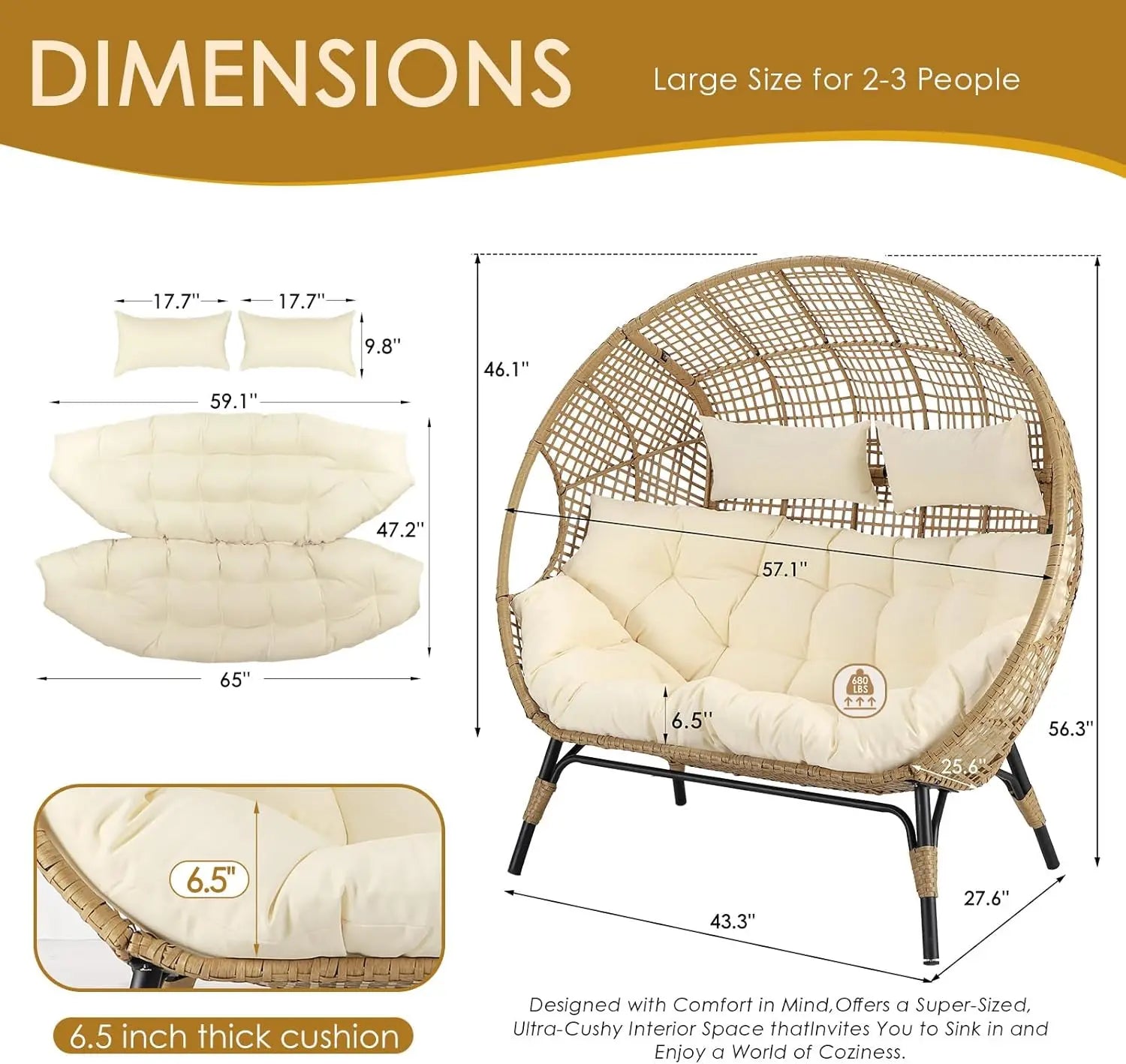 XMSJ Double Egg Chair Indoor Outdoor 2 Person Loveseat