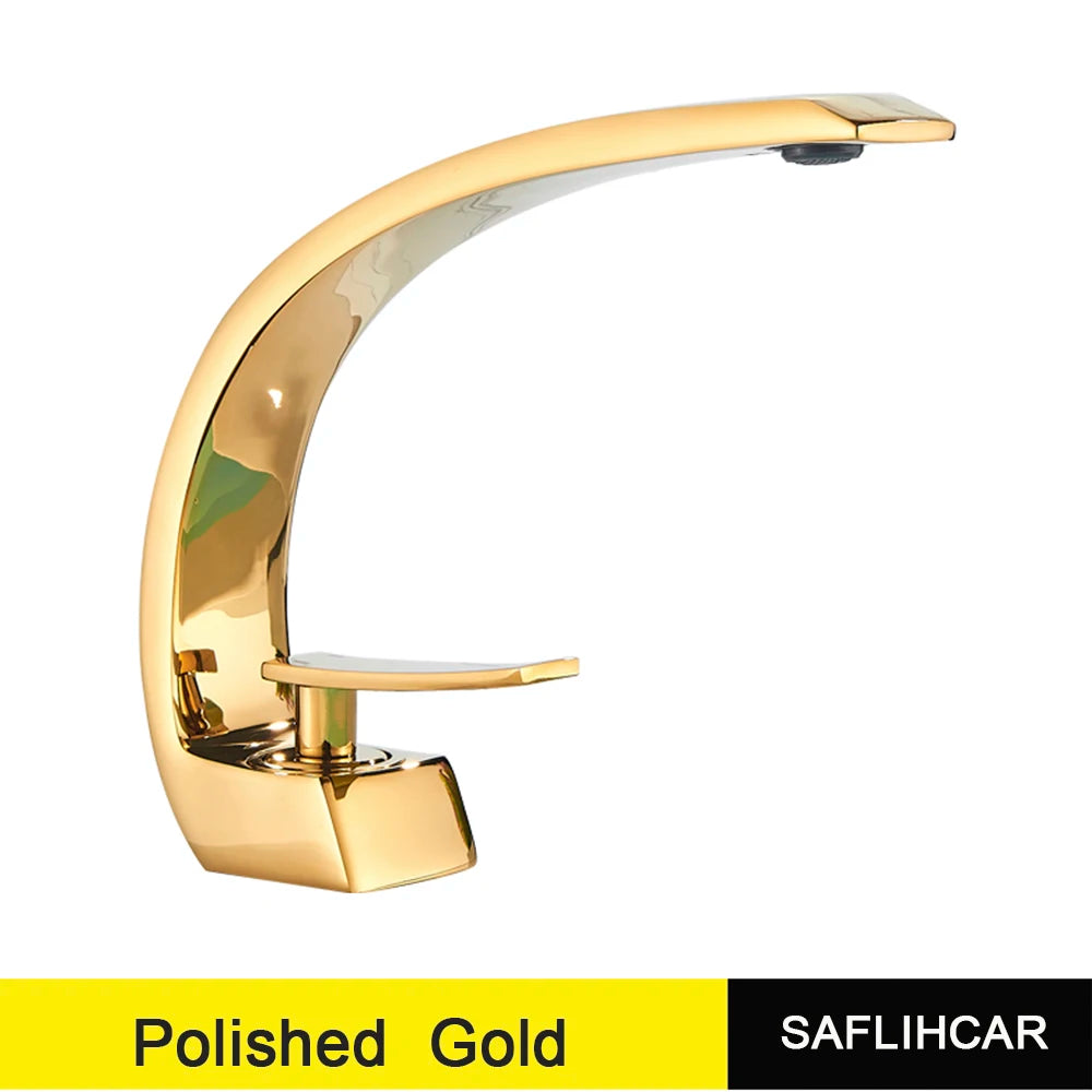 SAFLIHCAR Polished Golden Bathroom Faucet Single Handle Hot Cold Deck Mount