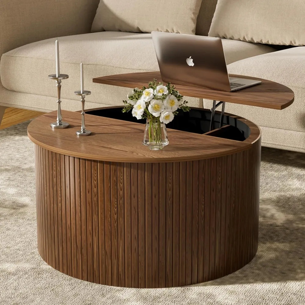Fluted Round Lift Top Coffee Table With Storage Walnut