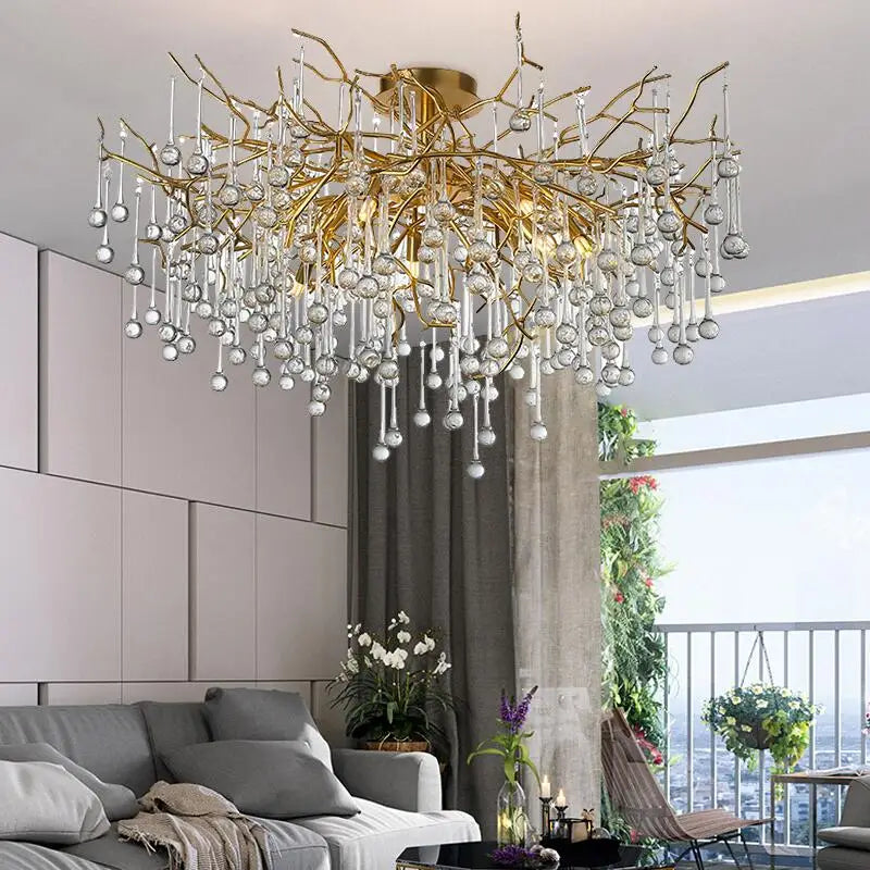 Luxury Modern Crystal Ceiling Bedroom Chandelier Round Glass Cristal Gold Tree Branch Ceiling Chandeliers For Living Dining Room